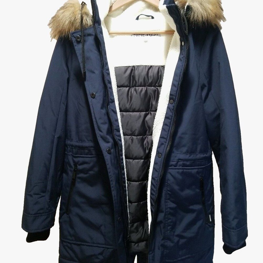 Women's Nine West Hooded Sherpa Quilted Puffer Coat Navy Blue Size-S
